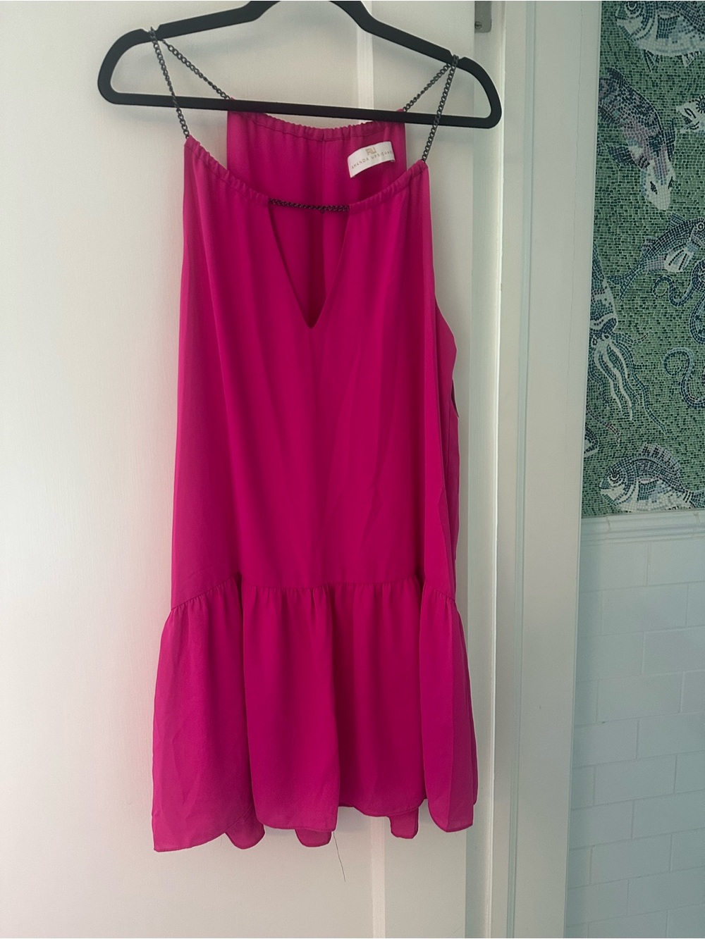 Amanda Uprichard nwt hot pink dress drop waist lined chain halter ruffle MEDIUM